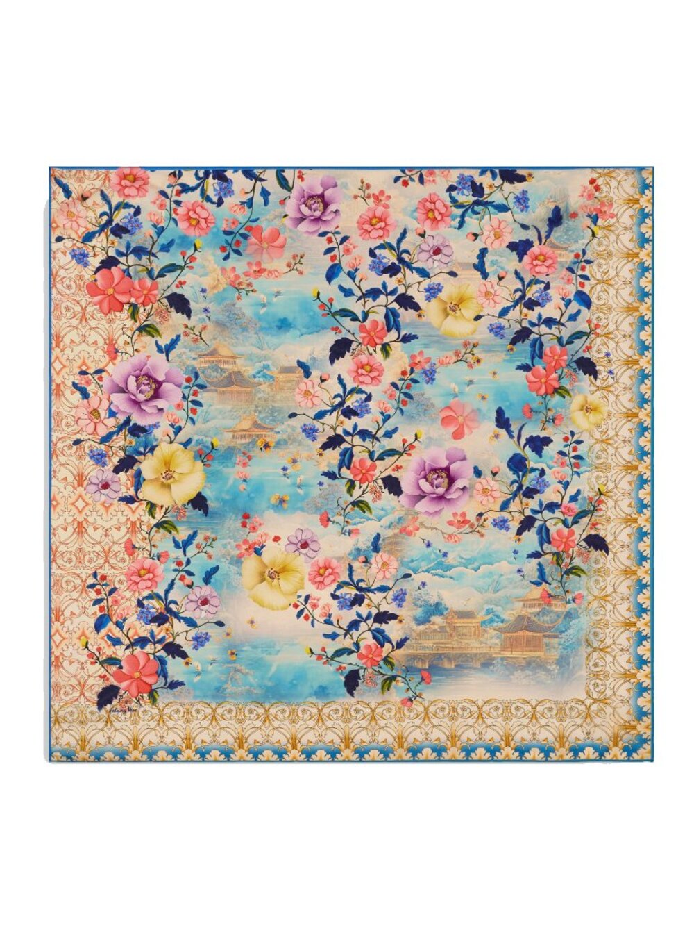 Johnny Was Chemis Medium Silk Scarf Floral Square Blue Flowers Beige Scarves NEW